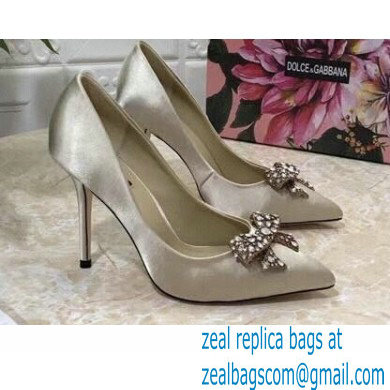 Dolce & Gabbana Heel 10.5cm Satin Pumps Beige with Crystal Bow 2021 - Click Image to Close